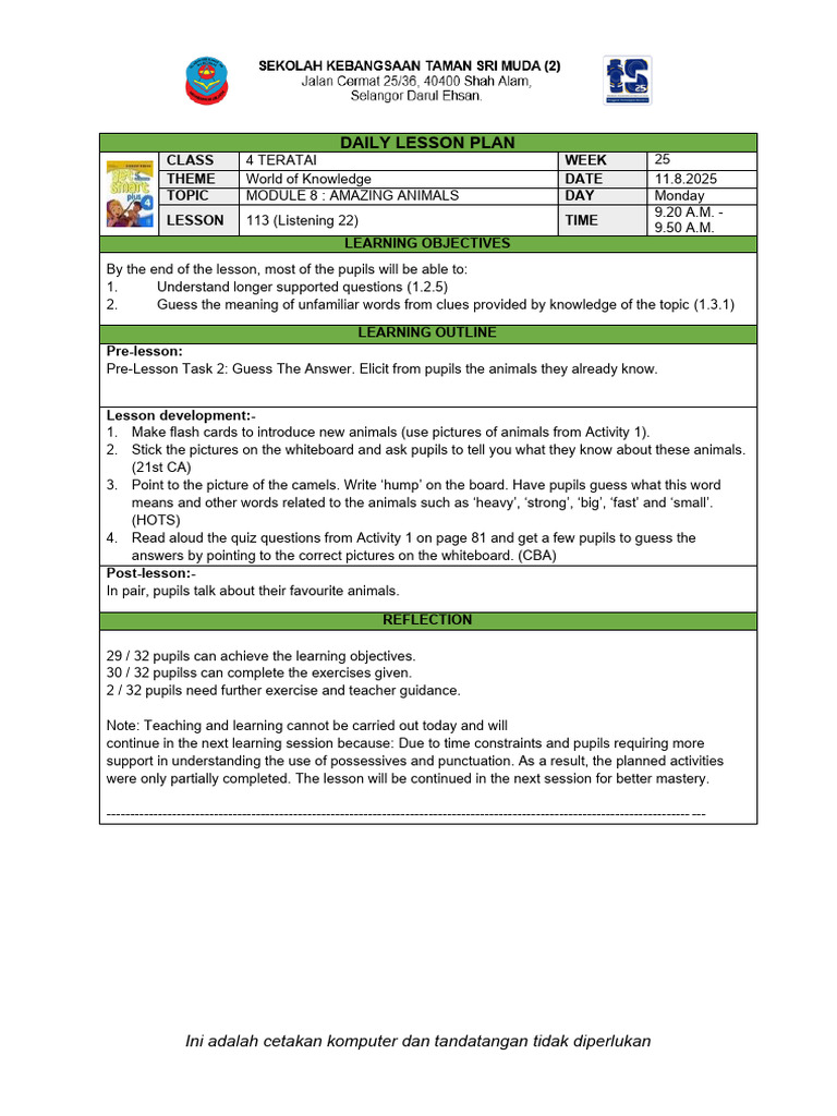 Daily Lesson Plans for Class 4 Teratai | PDF | Lesson Plan | Teachers