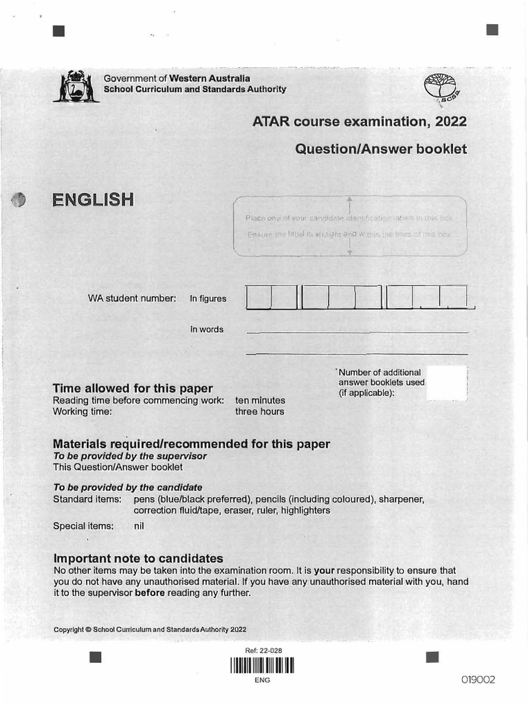 2022 12 English ATAR Exam WACE | PDF | Copyright