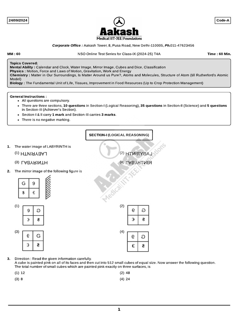 Test Series (L-I) NSO T-4A - Class 09 (24!09!2024) | PDF