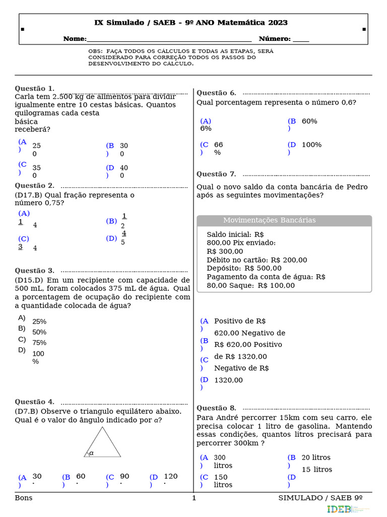 Simulado de Matemática - 9º Ano SAEB | PDF | Triângulo