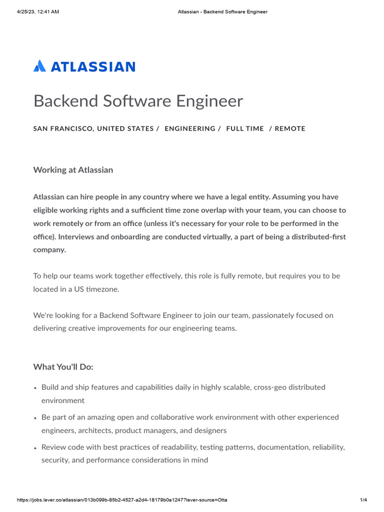 Remote Backend Software Engineer at Atlassian | PDF | Software ...