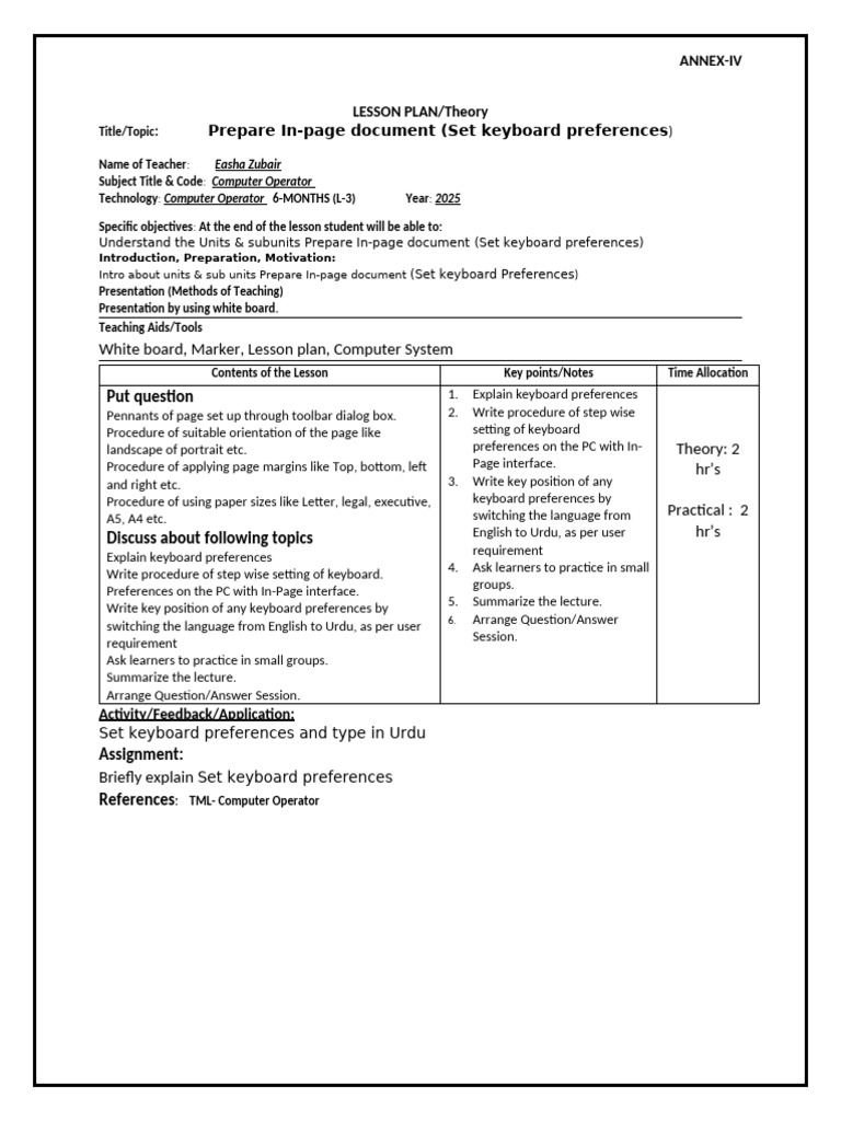 In-Page Document Preparation Guide | PDF | Computer Keyboard | Lesson Plan