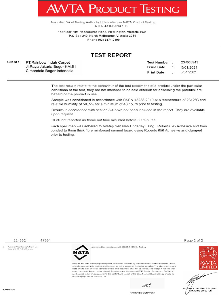 Fire Test AWTA Test Result Dye Injection | PDF