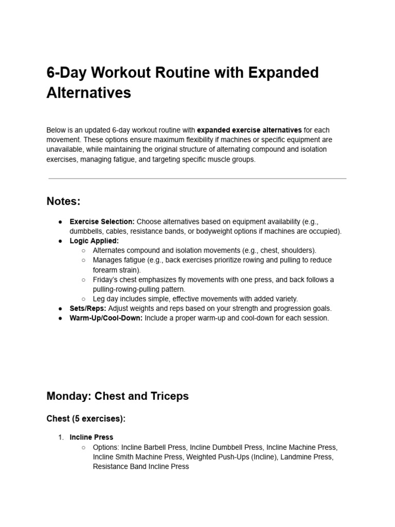 6-Day Workout Routine With Expanded Alternatives | PDF | Strength ...
