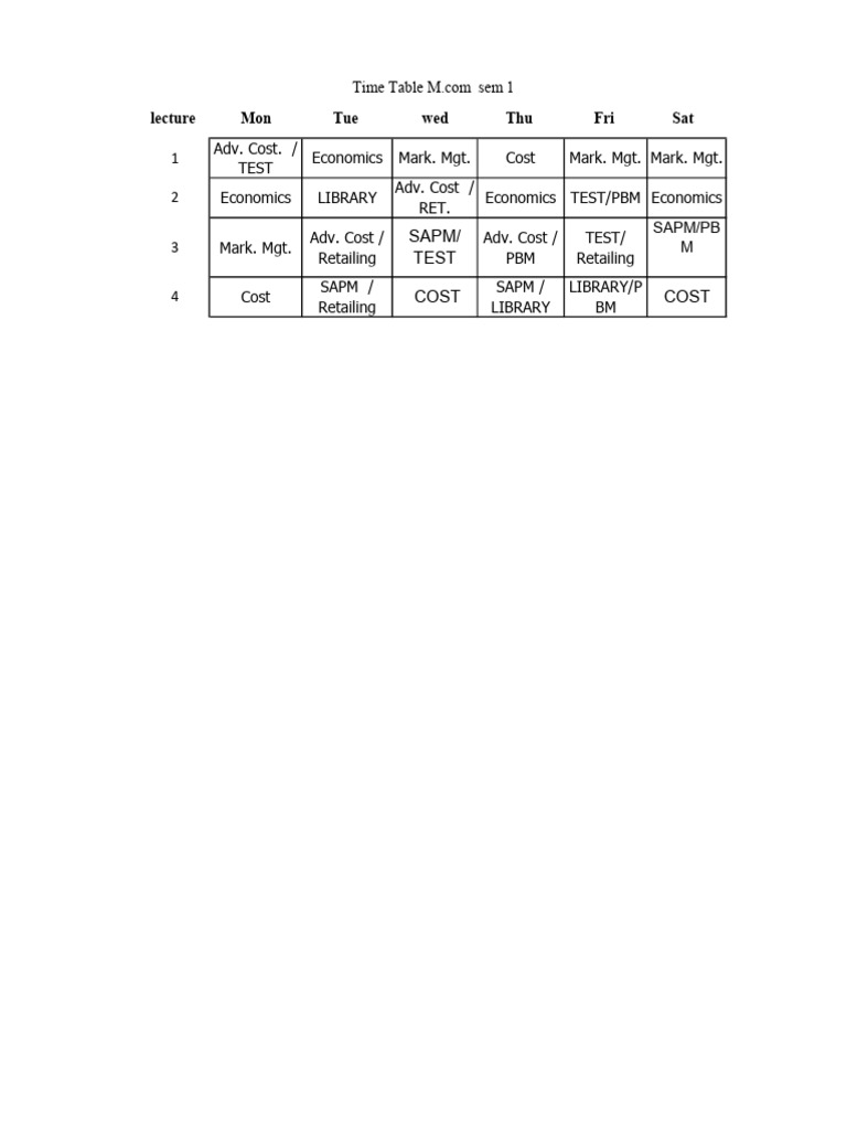 Time Table - M.com Sem 01 | PDF