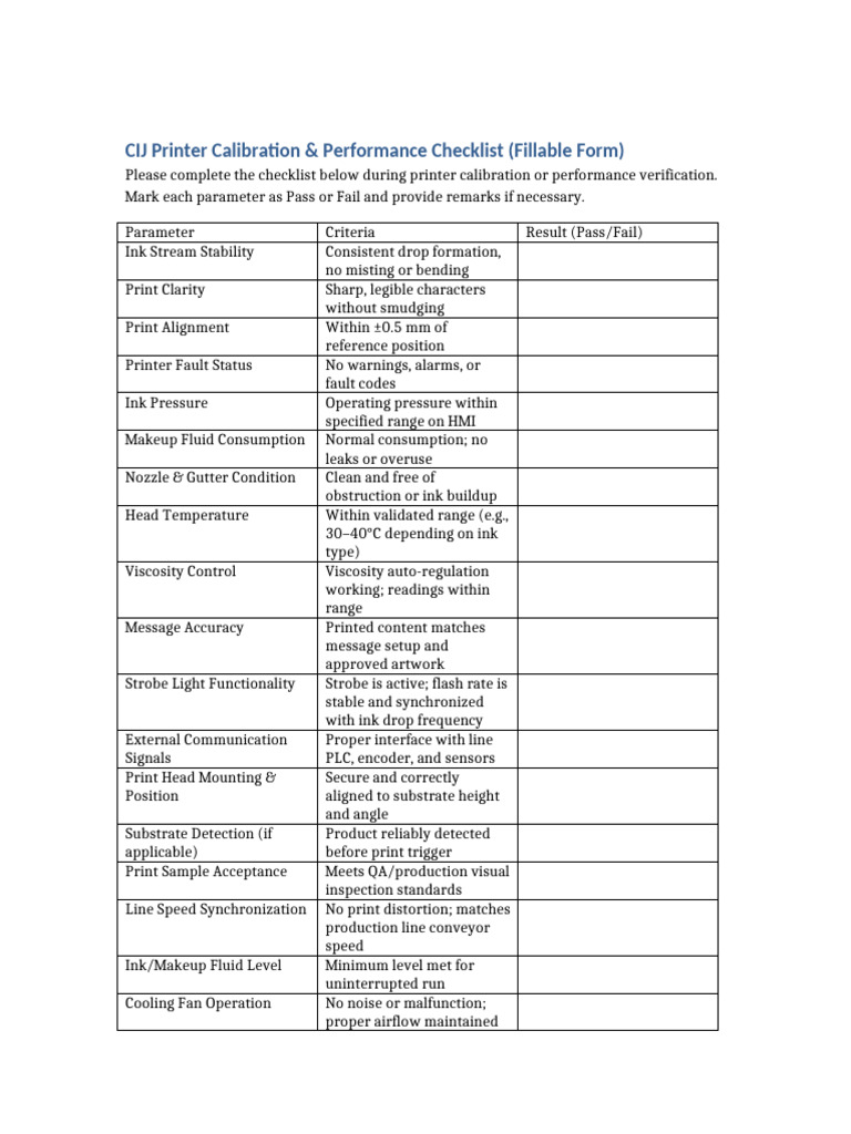 CIJ Printer Calibration Checklist | PDF | Printer (Computing) | Calibration