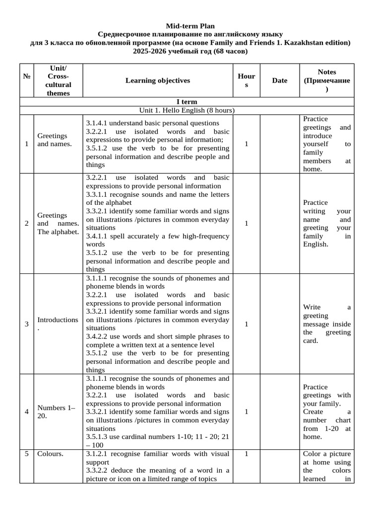 3rd Grade English Mid-term Plan 2025-2026 | PDF | Plural | Word