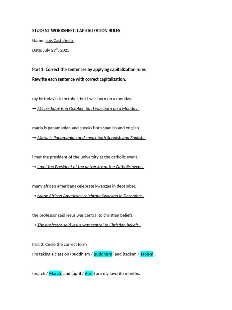 Capitalization Rules Worksheet | PDF