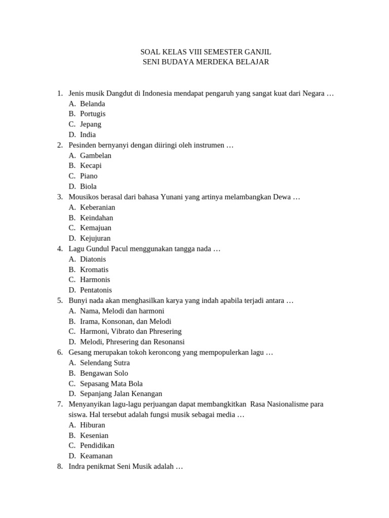 Soal Sas Seni Musik SMP Kumer 8 Ganjil 2024-2025 | PDF