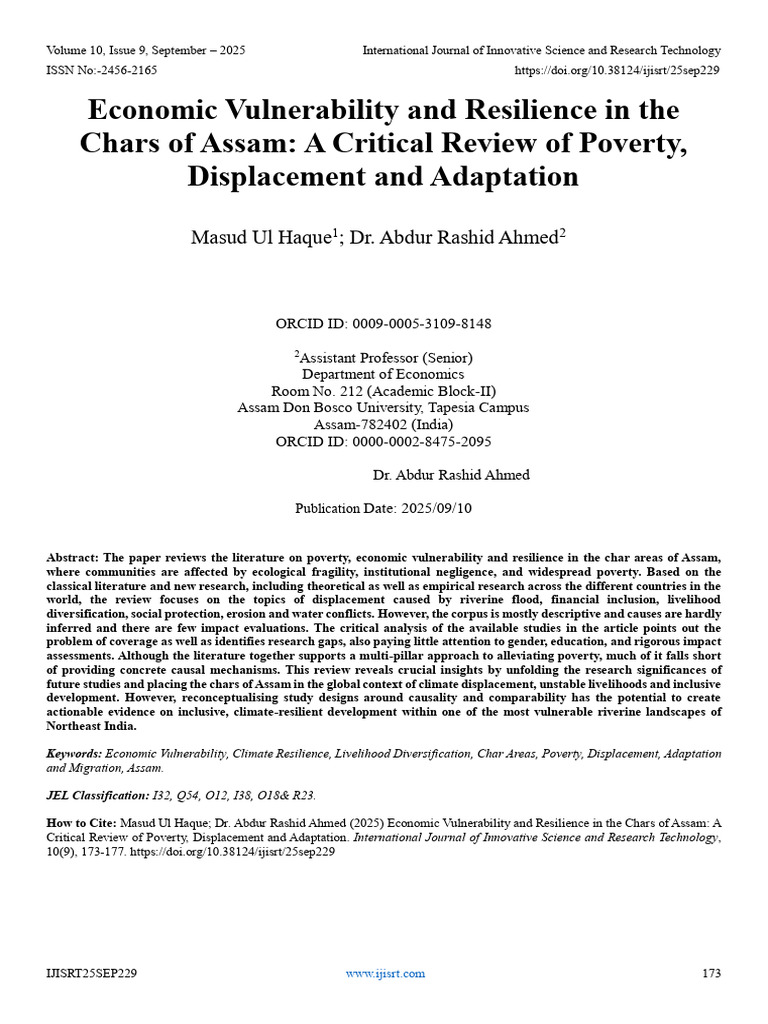 Economic Vulnerability and Resilience in The Chars of Assam: A Critical ...