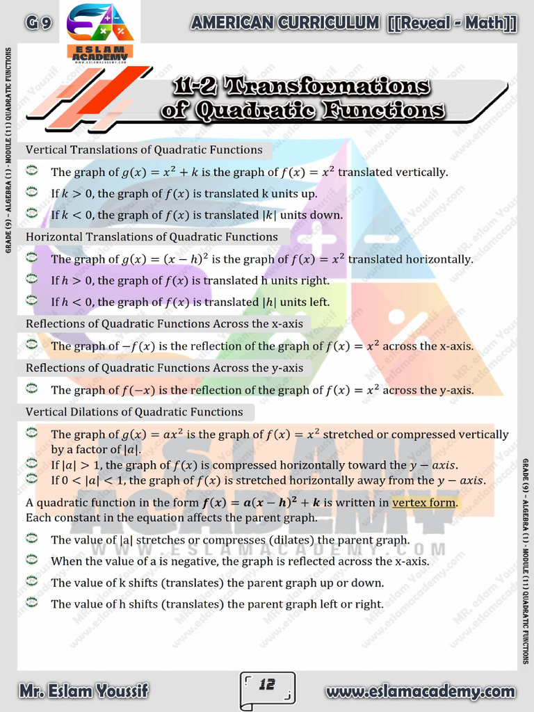 G9 11-2 Transformations of Quadratic Functions | PDF