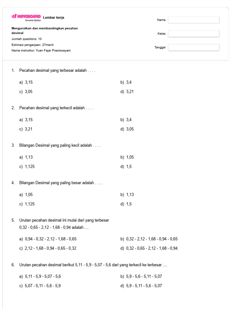 Soal Mengurutkan Pecahan Desimal Kelas 5 | PDF