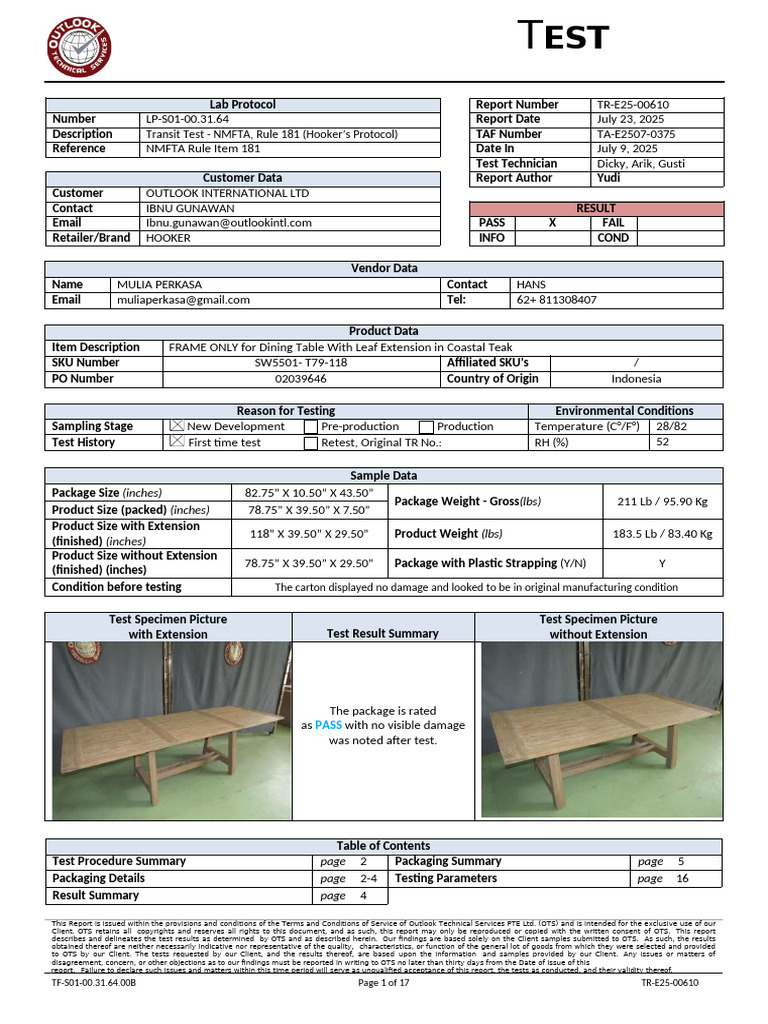 NMFTA Transit Test Report for Dining Table | PDF