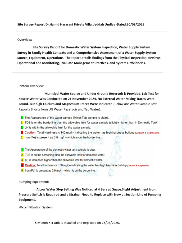 Domestic Water System Survey Report | PDF