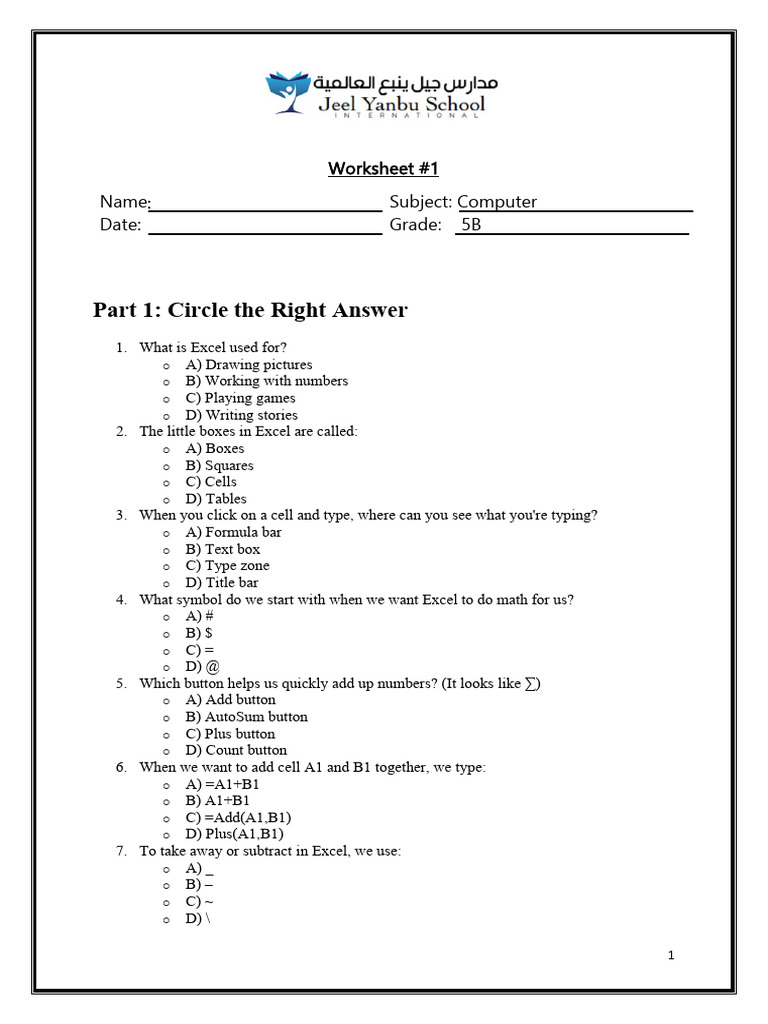 Excel Basics Worksheet for Grade 5 | PDF | Microsoft Excel | Chess Openings