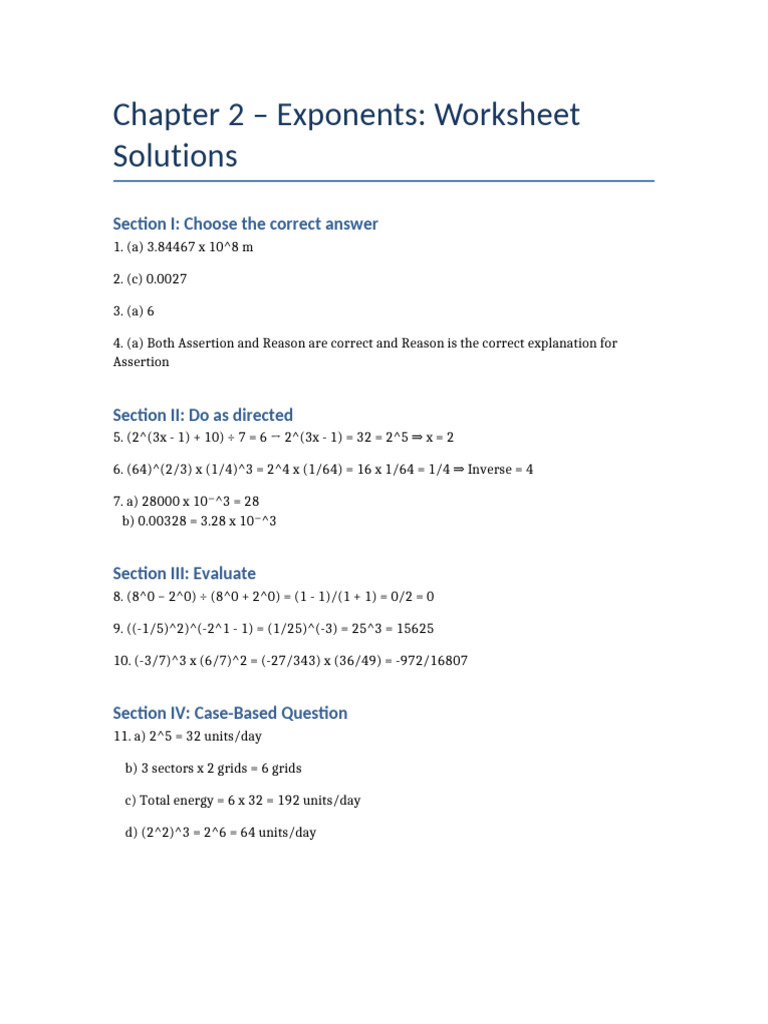 Chapter 2 Exponents Solutions Caret Format | PDF