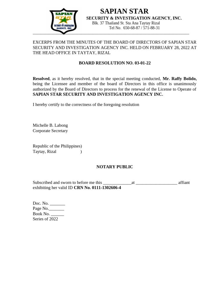 Board Resolution To Raffy Bolido Process Lto | PDF