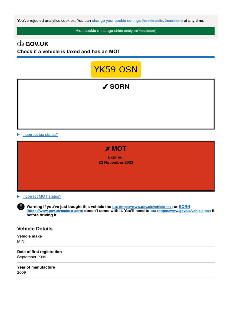 MOT and Tax Status Check for MINI | PDF | Motor Vehicle | Vehicles