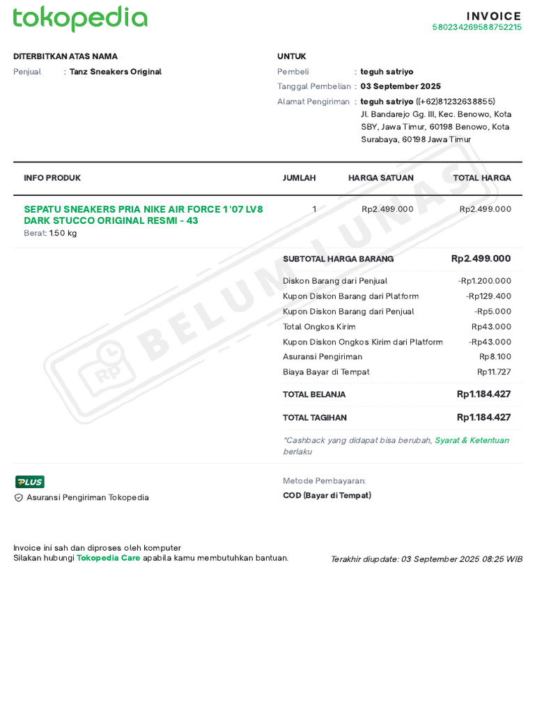 Invoice Pembelian Sneakers Nike Original | PDF