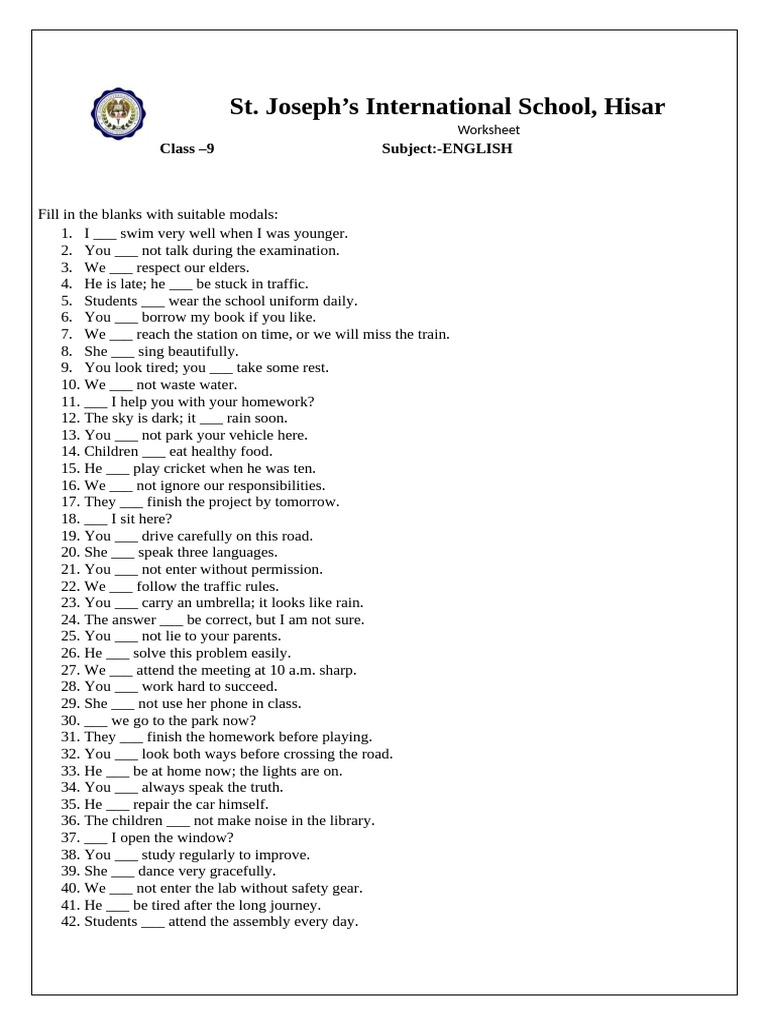 Class 9 English Modal Verbs Worksheet | PDF