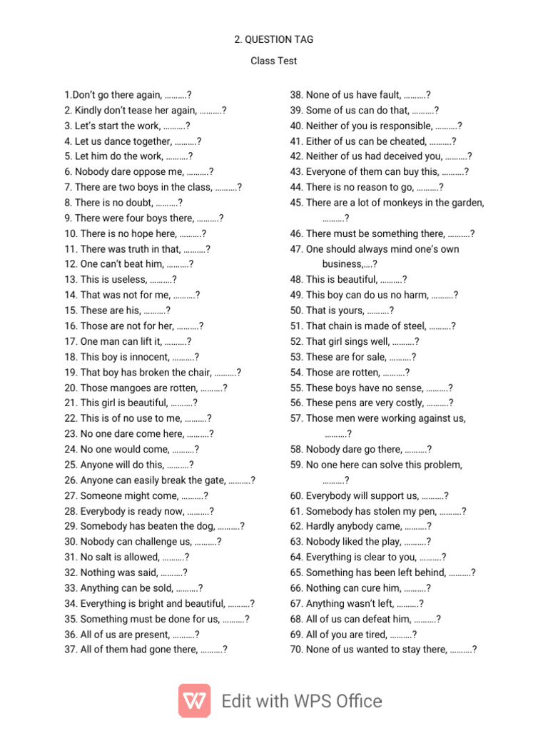 Question Tag Class Test 1 | PDF