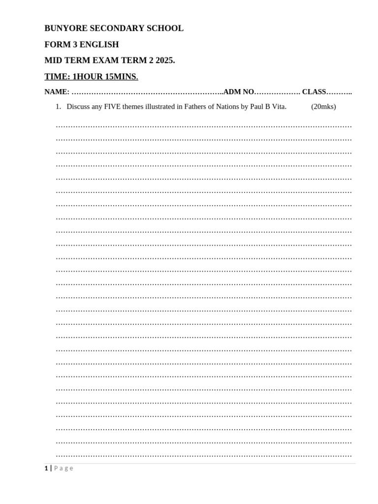 Bunyore Sec School Form 3 English Exam | PDF | Chess Theory | Chess