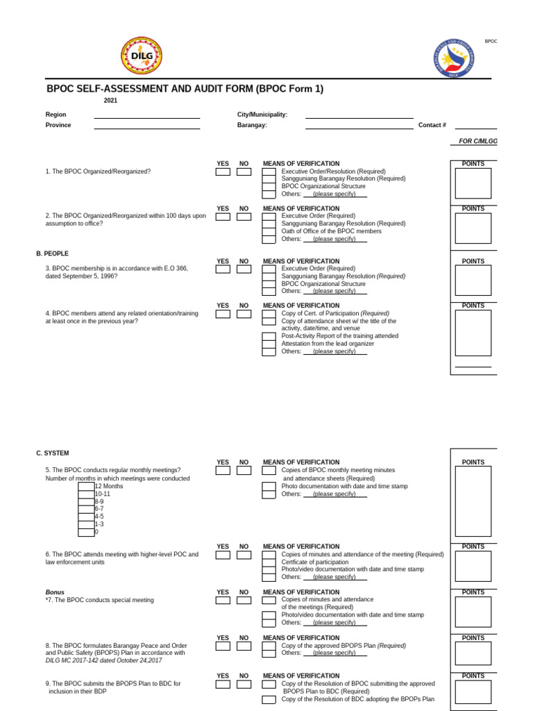 Annex2 Bpoc Self Assessment and Audit Form Bpoc Form 1 Cy | PDF