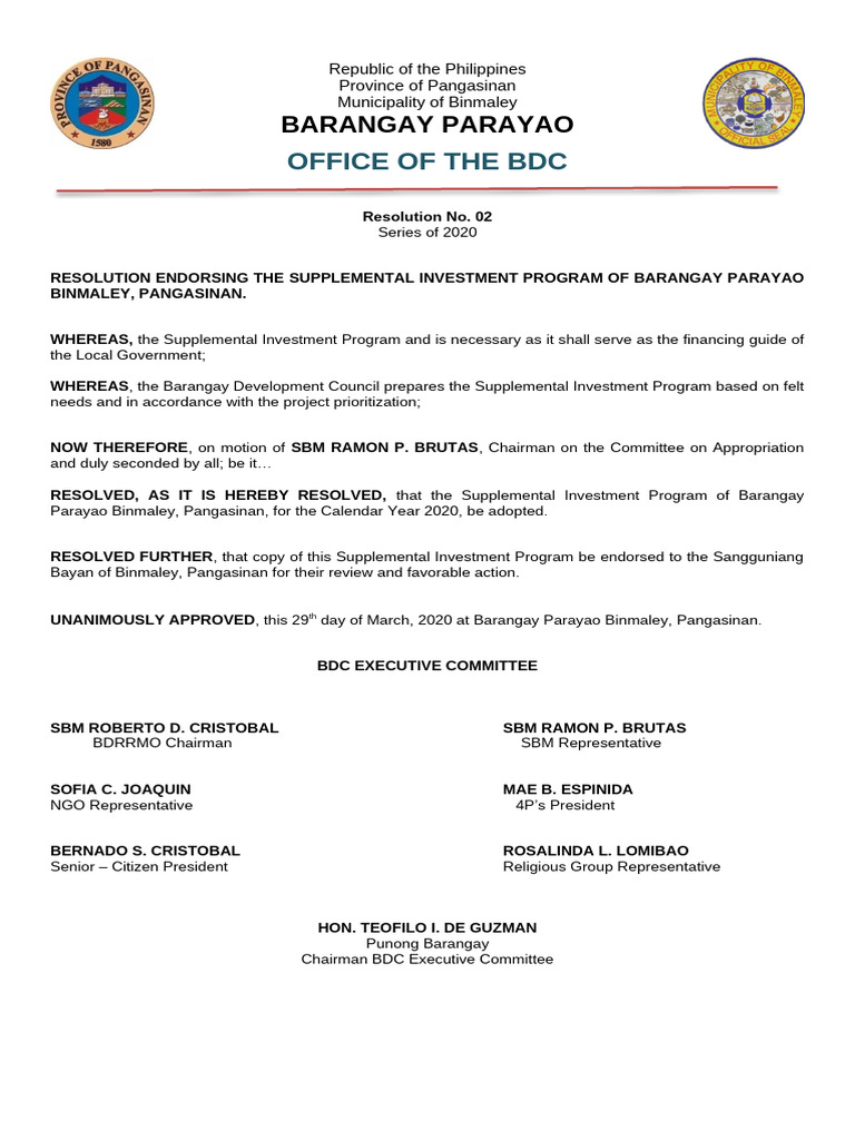BDC Reso 2, Covid Investment Program | PDF