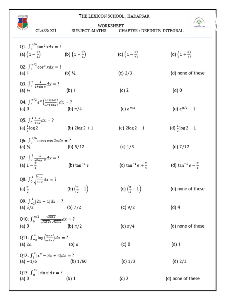 Definite Integral MCQ Worksheet 25-26 | PDF | Chess Theory | Chess Openings