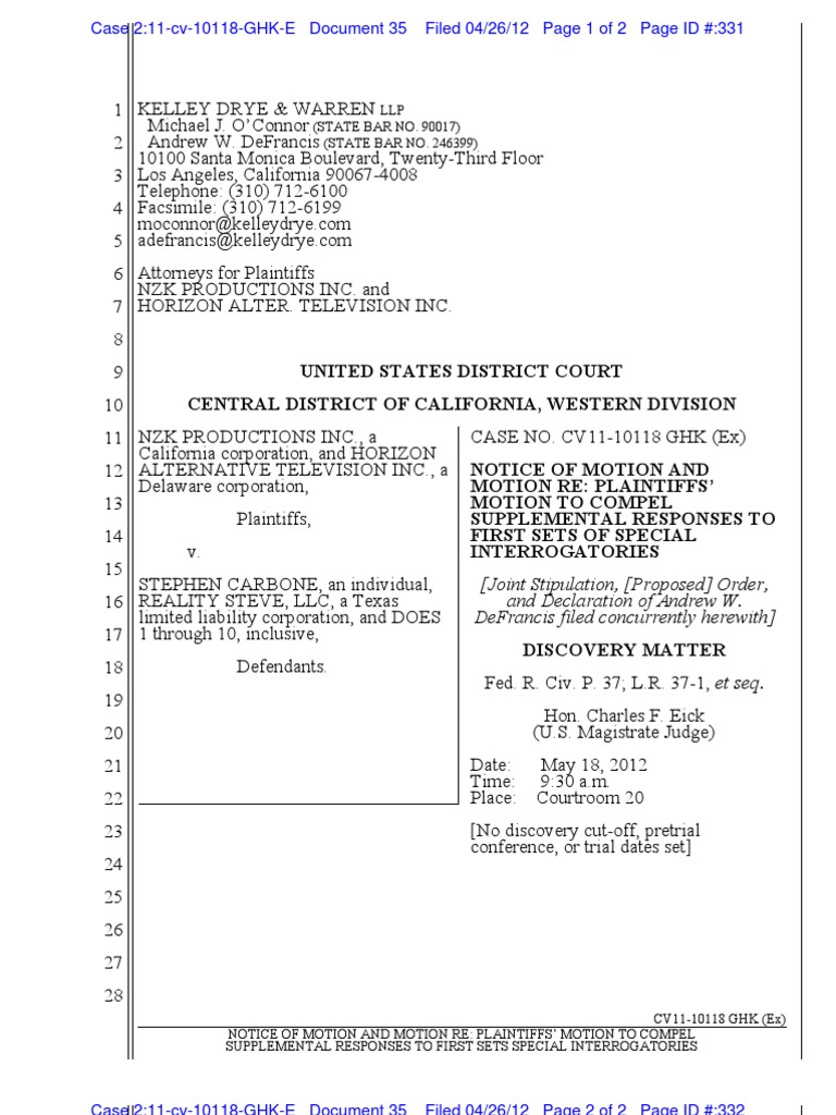 Notice of plaintiffs motion to compel supplemental responses to 1st set