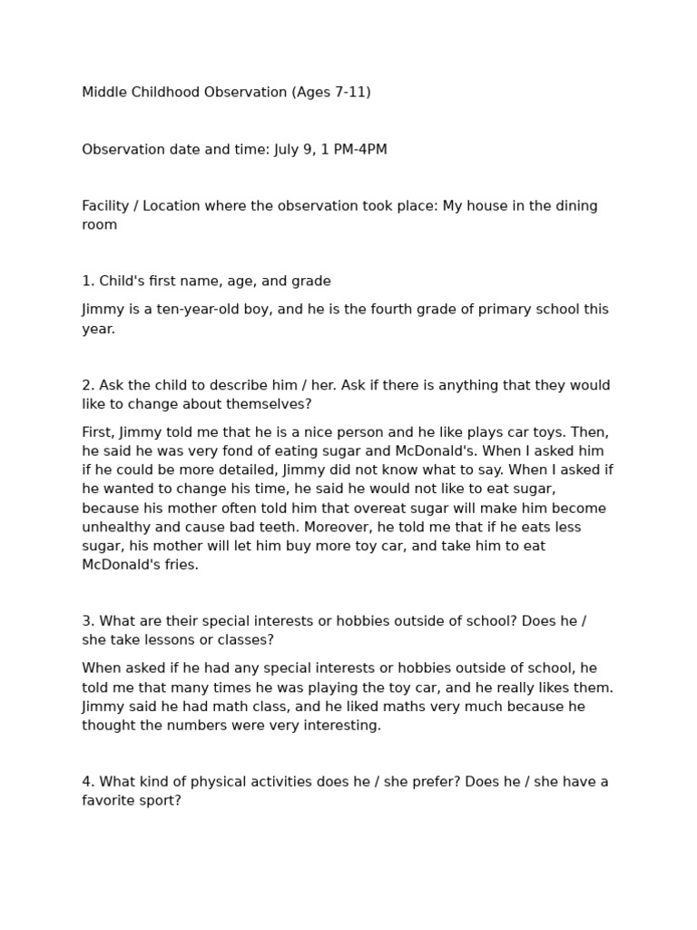 Middle Childhood Observation of Jimmy | PDF | Behavioural Sciences ...