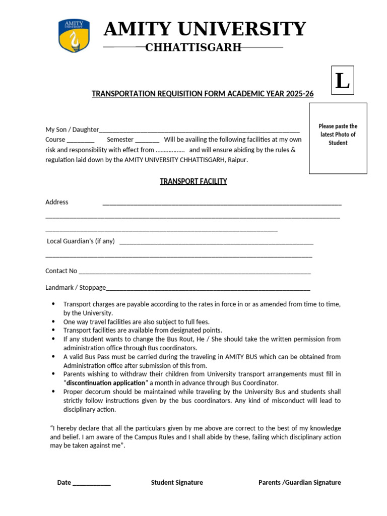 Amity University Transport Requisition Form | PDF