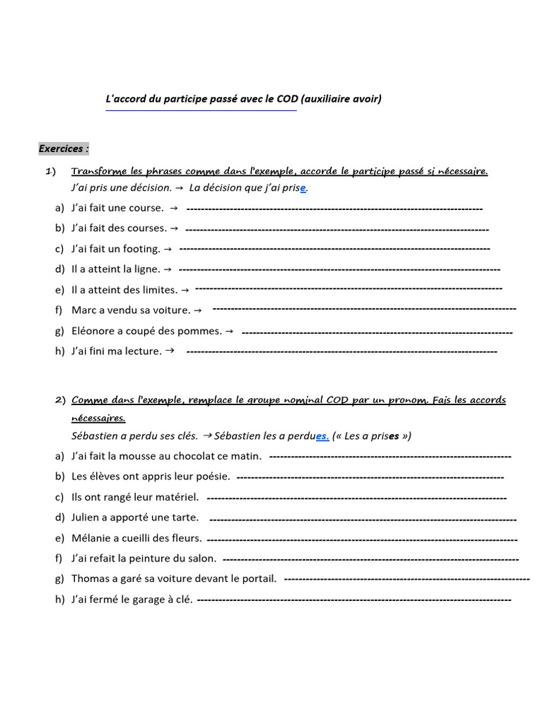 Accord - Du - Part - Passe Exercices | PDF