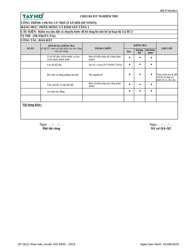 BM Checklist Nghiem Thu Va Sai So Theo TCXD-NOXH + Nha A | PDF