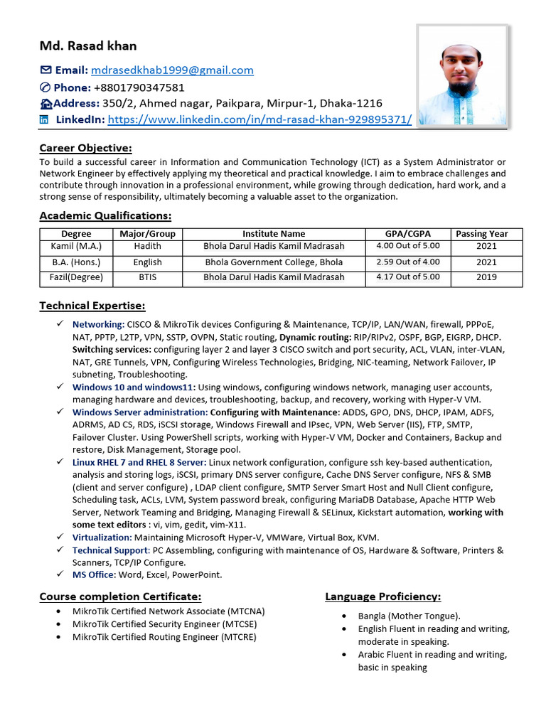 Md. Rasad Khan: ICT Career Profile | PDF | Hyper V | Computer Network