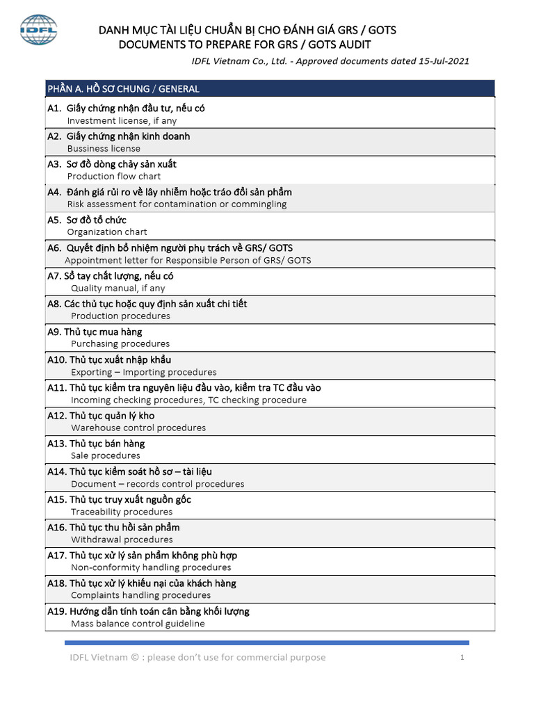 IDFL - GRS and GOTS Document Checklist | PDF