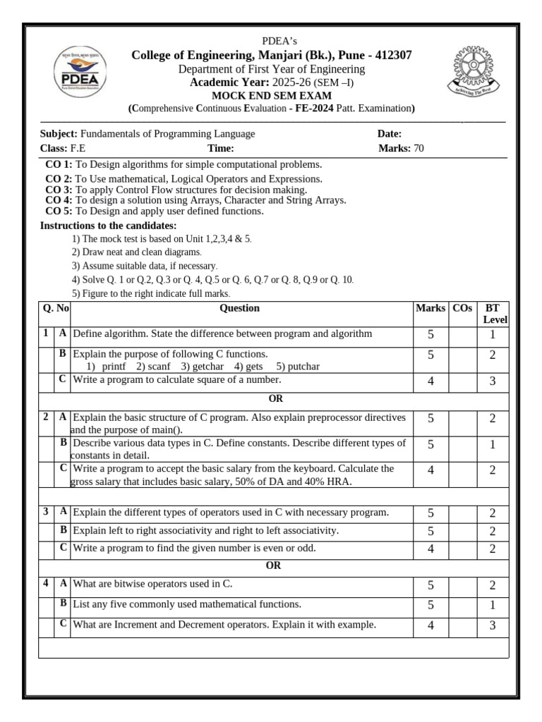 Mock Exam for Programming Fundamentals | PDF | Computer Programming ...