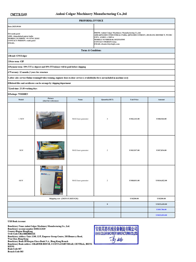 Proforma Invoice for CNC Machinery Order | PDF