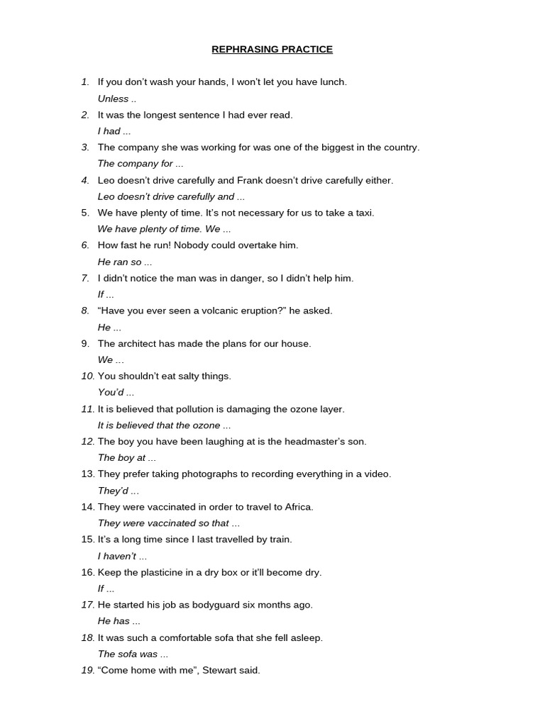 Rephrasing Practice Exercises | PDF