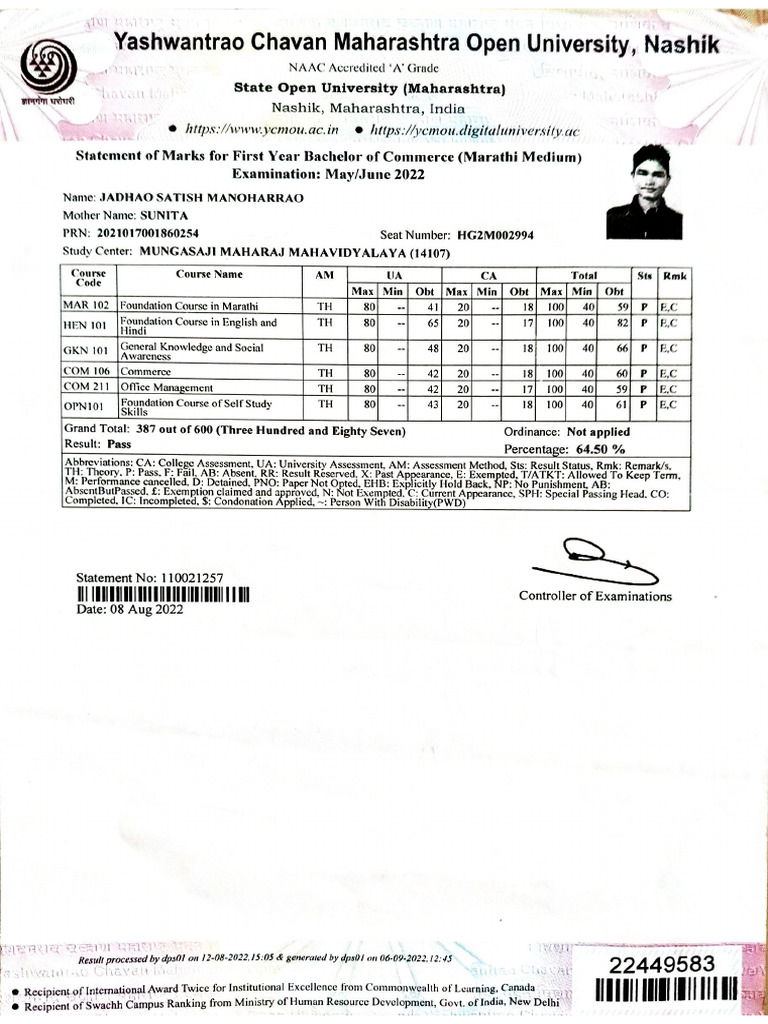 1st Year Marksheet | PDF