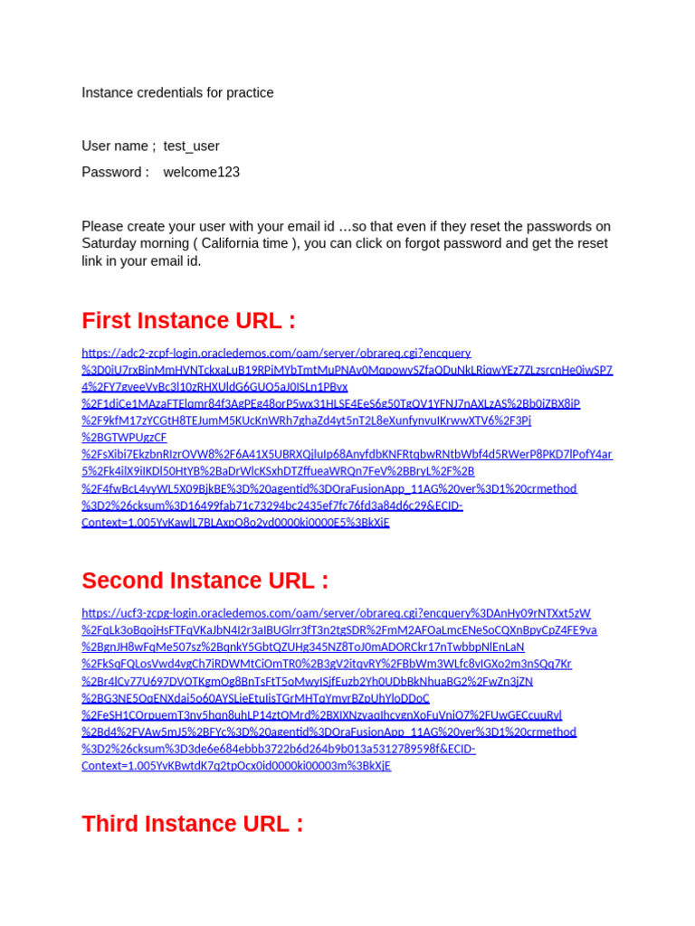 Oracle Demo Instance Credentials Guide | PDF | Authentication | Security