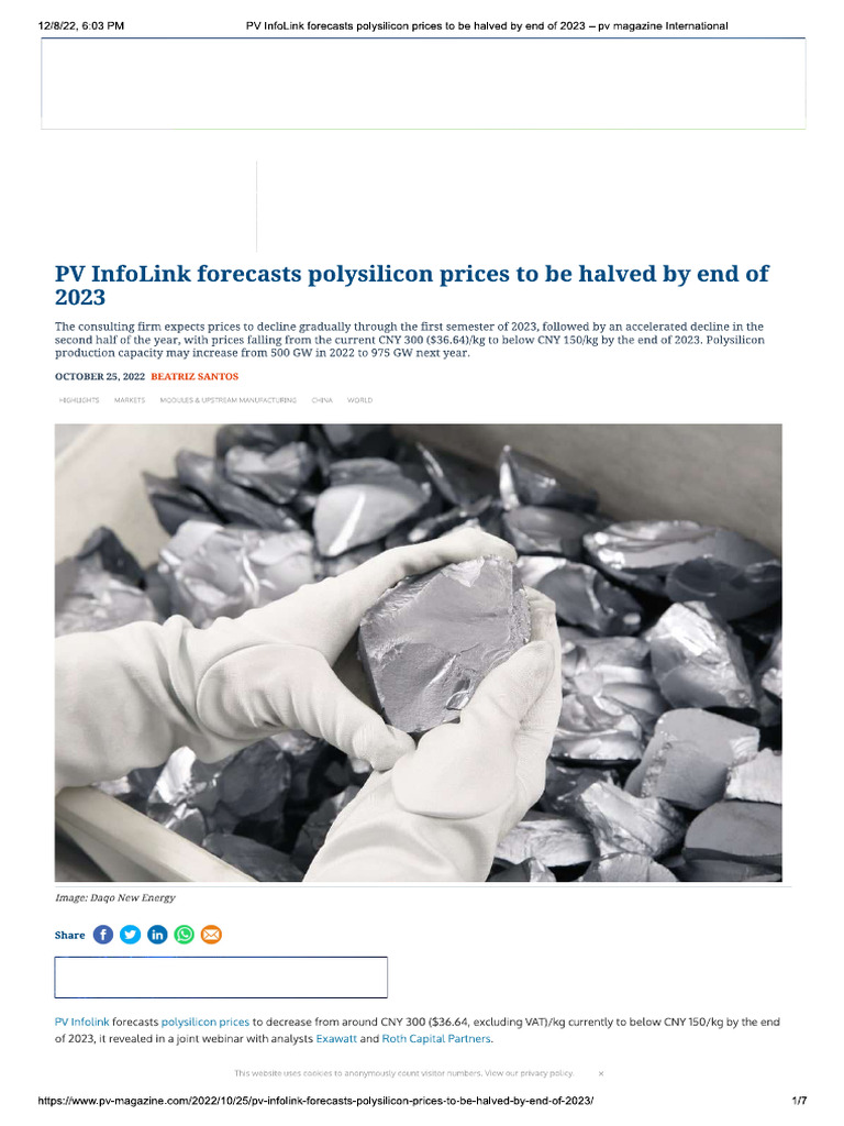 PV InfoLink Forecasts Polysilicon Prices To Be Halved by End of 2023 | PDF
