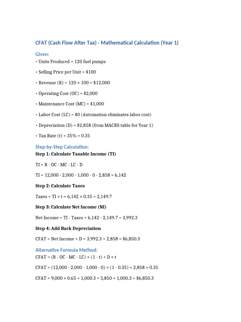 CFAT Calculation for Year 1 | PDF