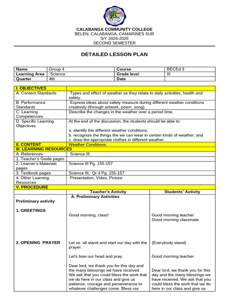 Grade 3 Science Lesson Plan on Weather | PDF | Sky | Weather