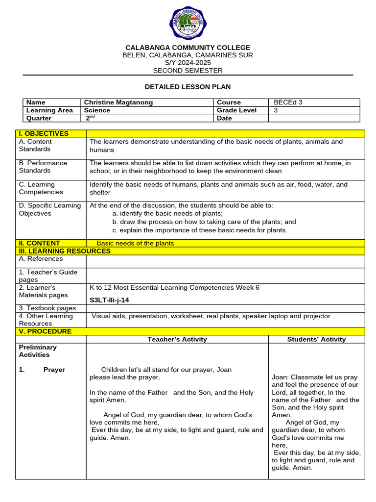 Grade 3 Science Lesson Plan: Plant Needs | PDF | Plants | Water