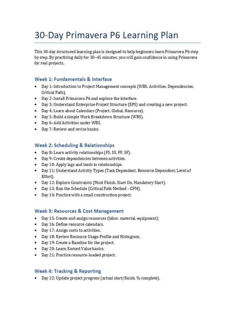 30-Day Primavera P6 Learning Guide | PDF