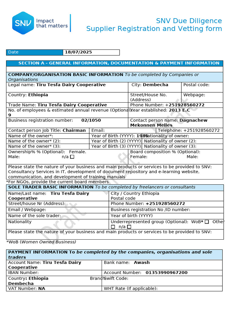Tiru Tesfa Due Diligence Form SNV Bridge + | PDF | Value Added Tax ...