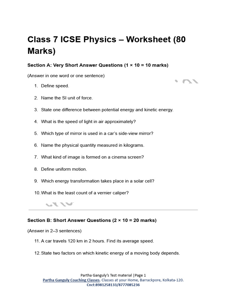 Class 7 ICSE Physics Worksheet Guide | PDF | Kinetic Energy | Kilogram
