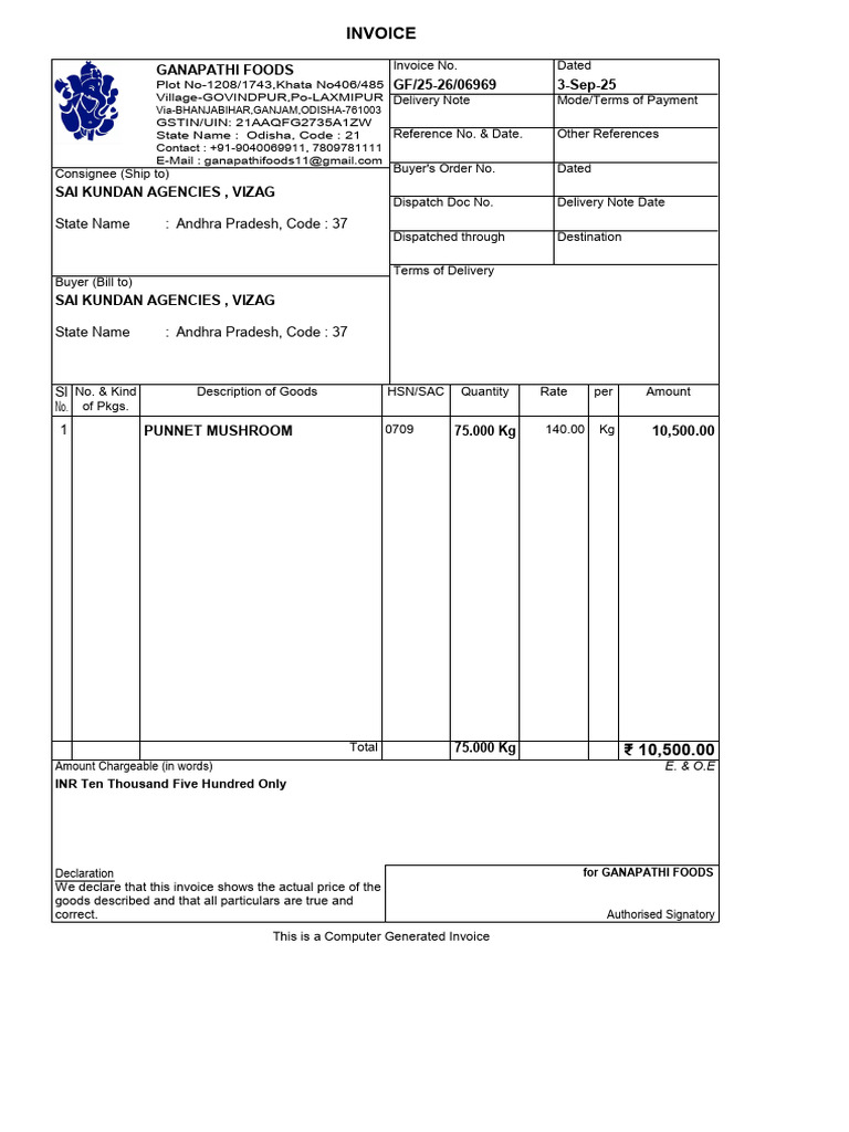 Invoice for Kunda HSN Code 0709 | PDF