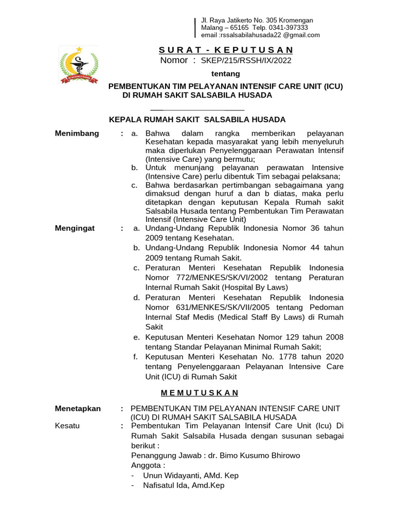 Pembentukan Tim ICU RS Salsabila Husada | PDF